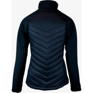 A soft shell jacket for women in navy blue, featuring a quilted design on the back and a high collar.
