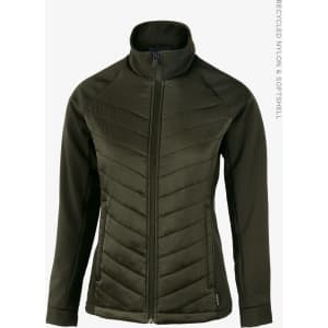 A soft shell jacket in olive green, featuring a zip-up front and a fitted design. It has a logo on the sleeve.