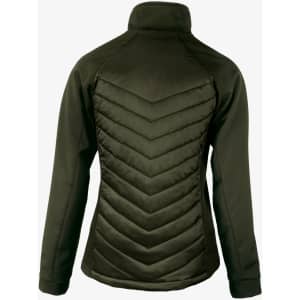A soft shell women's jacket in dark green, featuring a quilted design on the back and a high collar.