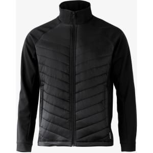 A black soft shell jacket with a high collar and quilted pattern, featuring a logo on the lower part.