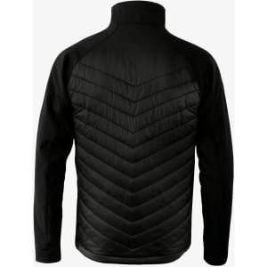 A black soft shell jacket with a textured chevron pattern on the back and a high collar. It features a logo.
