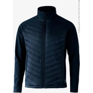 A dark navy soft shell jacket with a zip front, featuring a quilted design and a logo.