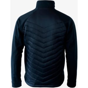 A soft shell jacket in navy blue with a quilted chevron pattern on the back and a high collar. It features a logo.