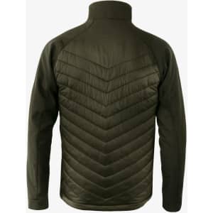 A soft shell jacket in olive green with a quilted back design and a high collar. Features a logo.