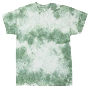 A green and white tie-dye T-shirt featuring a random pattern, with a crew neck and short sleeves.