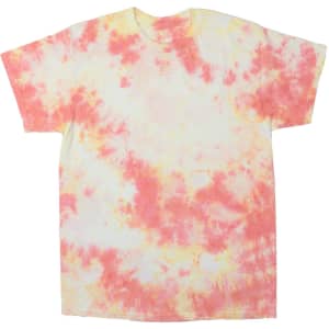 A tie dye t-shirt featuring pink and yellow swirls on a white background. The shirt has a logo on it.