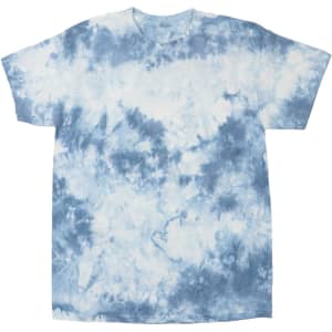 A blue and white tie-dye T-shirt featuring a swirling pattern. The shirt has a standard crew neck and short sleeves.
