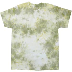 A tie-dye T-shirt in green and yellow hues with a soft, abstract pattern. It features a logo on the design.
