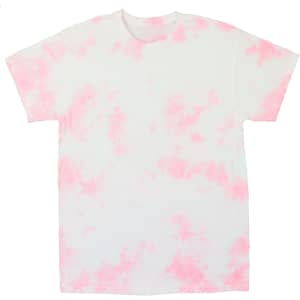 A pink and white tie-dye t-shirt with a relaxed fit and short sleeves, featuring a logo.