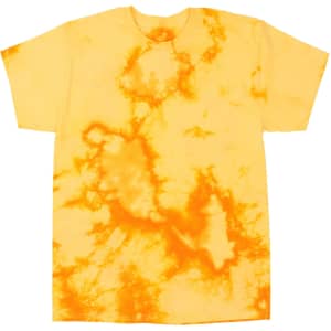 A yellow tie dye t-shirt featuring vibrant orange patterns and a casual, relaxed fit. It has a branding logo.