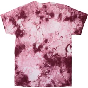 A tie-dye T-shirt with shades of pink and burgundy, featuring a swirling pattern. It has a logo on the front.