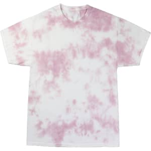 A pink and white tie dye t-shirt features a cloud-like pattern and a round neckline. It has a logo displayed.