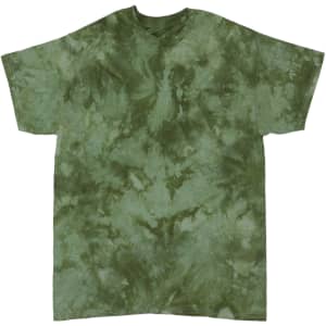 An olive green tie-dye t-shirt with a soft, textured pattern and a casual fit. It features a logo on the label.