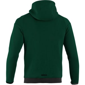A green full zip hooded jacket featuring a hoodie and a smooth finish on the back. It has a logo at the bottom.