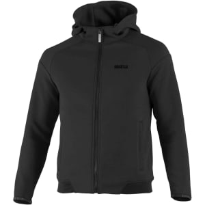 A full zip hooded jacket in black featuring a logo and side pockets.