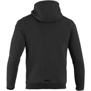 A black full zip hooded jacket with a plain design and a hood, featuring a small logo on the back.