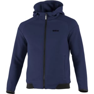 A full zip hooded jacket in navy blue with a zipped front and a logo. It features side pockets and a fitted design.