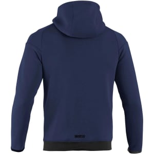 A navy full zip hooded jacket with a logo on the back and a fitted design.