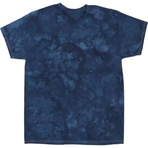 A navy blue tie-dye T-shirt with a unique pattern and a standard crew neck design. It features a logo on the label.
