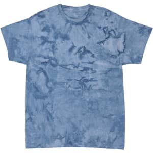 A blue tie-dye t-shirt with a marbled pattern and a loose, relaxed fit. It features a logo on the garment.