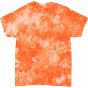 An orange tie-dye t-shirt with a swirling pattern, featuring short sleeves and a round neckline.