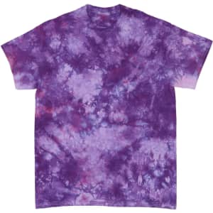 A purple tie-dye t-shirt featuring a vibrant, swirling pattern of various shades of purple. It includes a logo.