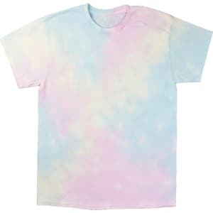 A light blue and pastel pink cloud tie dye T-shirt featuring a relaxed fit and a blank front.