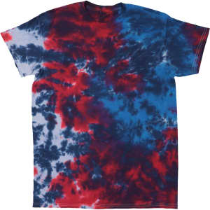 A Crinkle Tie Dye T-shirt features a vibrant design in red, blue, and white colours. It has a logo on it.