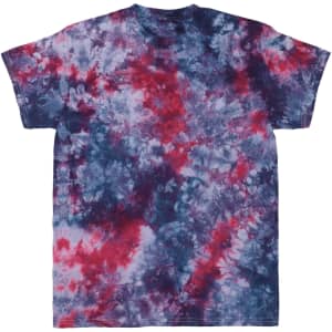 A tie-dye T-shirt featuring a blend of navy, red, and purple colours with a unique pattern. It has a logo.