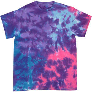 A Crinkle Tie Dye T-Shirt featuring vibrant shades of purple, blue, and pink with a unique tie-dye pattern.