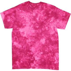 A pink tie-dye t-shirt featuring a blend of vibrant pink shades and a relaxed fit. It has a branding logo.