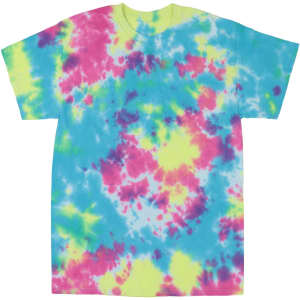 A Crinkle Tie Dye T-Shirt in vibrant shades of blue, pink, and yellow with a unique, swirling pattern.