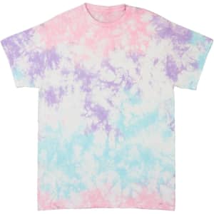 A tie dye t-shirt featuring pastel shades of pink, purple, and blue with a soft, swirling pattern. It has a logo.