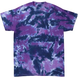A Crinkle Tie Dye T-Shirt in purple and navy blue with a vibrant, swirling pattern. It features a logo.
