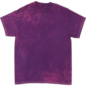 A purple Mineral Wash Tie Dye T-Shirt featuring a relaxed fit and organic texture, with a logo on the label.