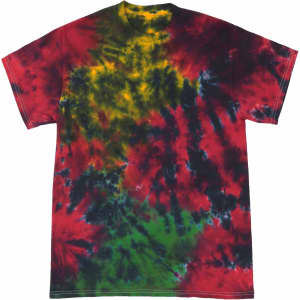 A Crinkle Tie Dye T-Shirt in vibrant red, yellow, green, and black colours, featuring a logo on the front.