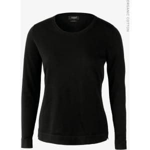 A black knitted jumper with a round neckline and long sleeves, made from organic cotton. It features a branding label.