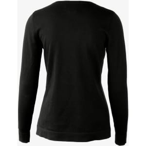 A black knitted jumper with long sleeves and a round neckline, featuring a simple design and logo.