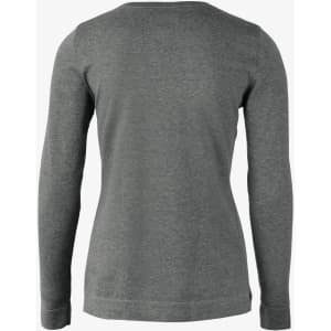 A grey knitted jumper with long sleeves and a simple round neckline, featuring a logo on the back.