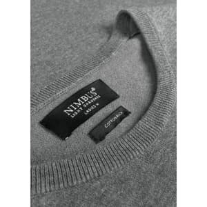 A grey knitted jumper featuring a round neckline and a label with branding.