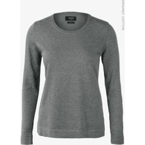 A grey knitted jumper with a round neckline and long sleeves, featuring a logo at the neck.