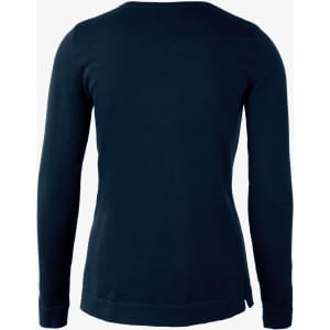 A navy knitted jumper with long sleeves, featuring a round neck and a simple, sleek design.