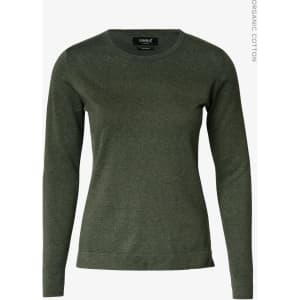 A knitted jumper in a dark green colour, featuring long sleeves and a crew neckline. It has a logo on the label.