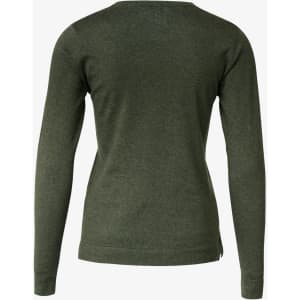 A green knitted jumper with a round neckline and long sleeves, featuring a slight side split at the hem.