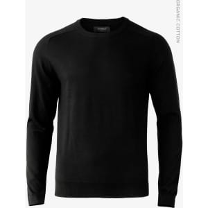 A black knitwear jumper with long sleeves and a round neckline. It features a logo on the label.