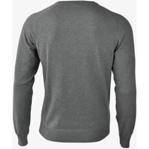 A grey knitted jumper with long sleeves and a plain back view, featuring a waistband and cuffs.