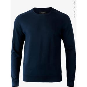 A navy knitted jumper for men, featuring long sleeves and a crew neck design. It has a branding logo.