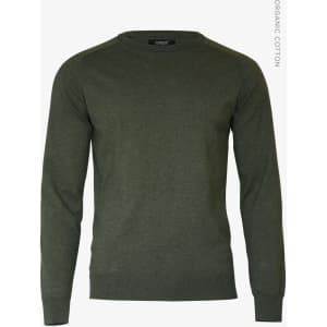 An olive green men’s jumper featuring a crew neck and long sleeves, made from organic cotton.
