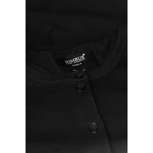 A black cardigan with a round neckline and button detailing, featuring a label inside.