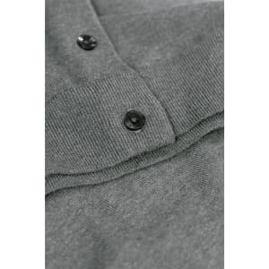 A grey cardigan featuring a buttoned collar and ribbed detailing. It has a branding logo on the fabric.